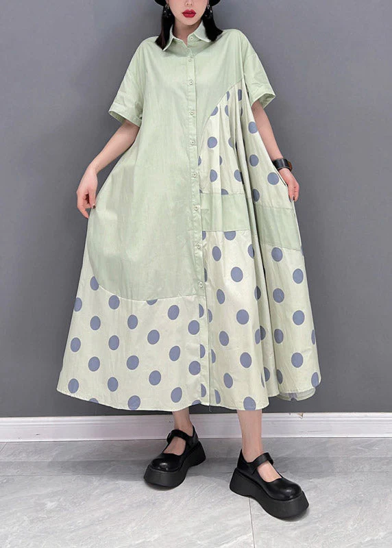 Chic Green Peter Pan Collar Dot Patchwork Button Pockets Wrinkled Dress Half Sleeve - Image 3