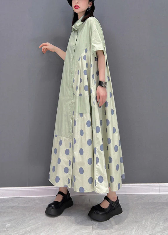 Chic Green Peter Pan Collar Dot Patchwork Button Pockets Wrinkled Dress Half Sleeve - Image 4