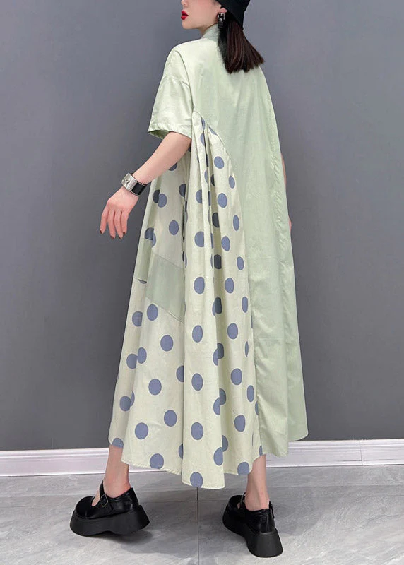 Chic Green Peter Pan Collar Dot Patchwork Button Pockets Wrinkled Dress Half Sleeve - Image 5