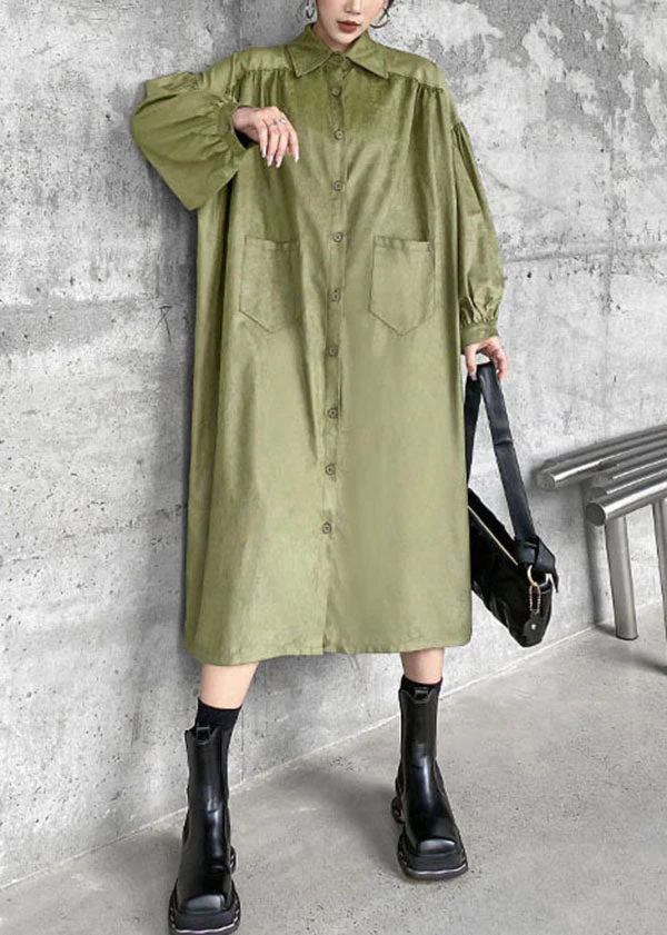Chic Green Peter Pan Collar Patchwork Cotton Shirt Dress Spring - Image 2