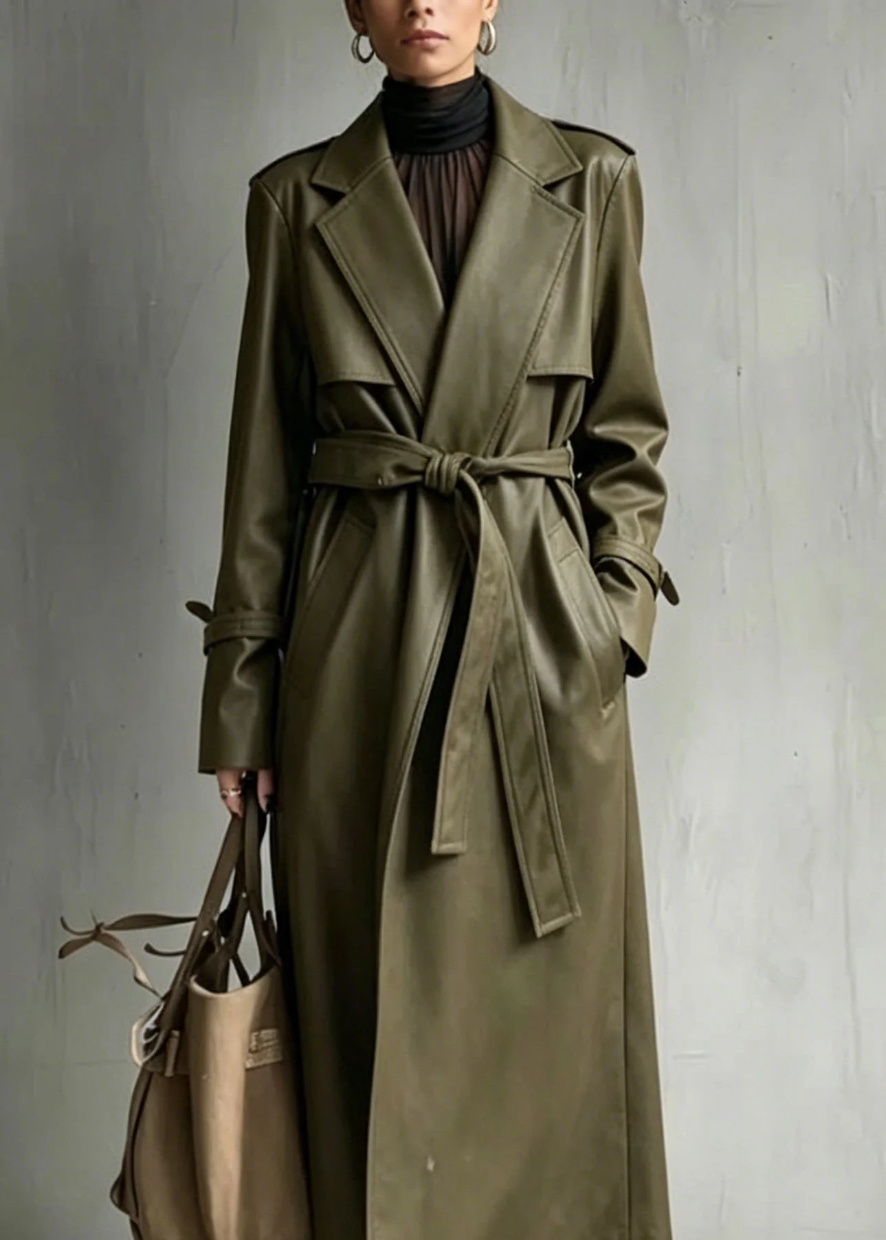 Chic Green Peter Pan Collar Pockets Faux Leather Trench Fall - Image 2