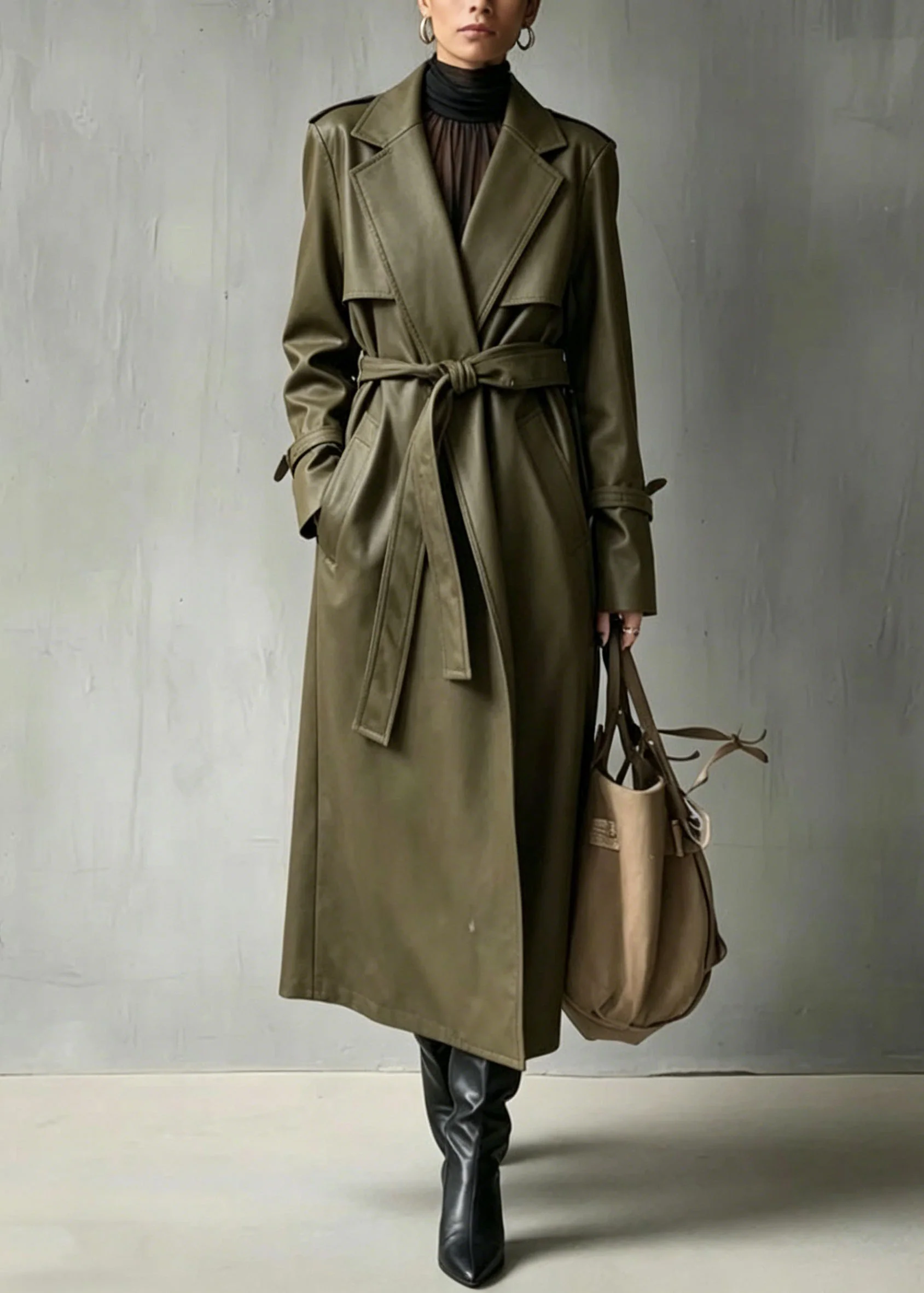 Chic Green Peter Pan Collar Pockets Faux Leather Trench Fall - Image 3