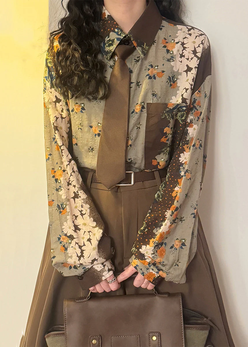 Chic Green Print Button Pockets Cotton Blouses Spring - Image 2