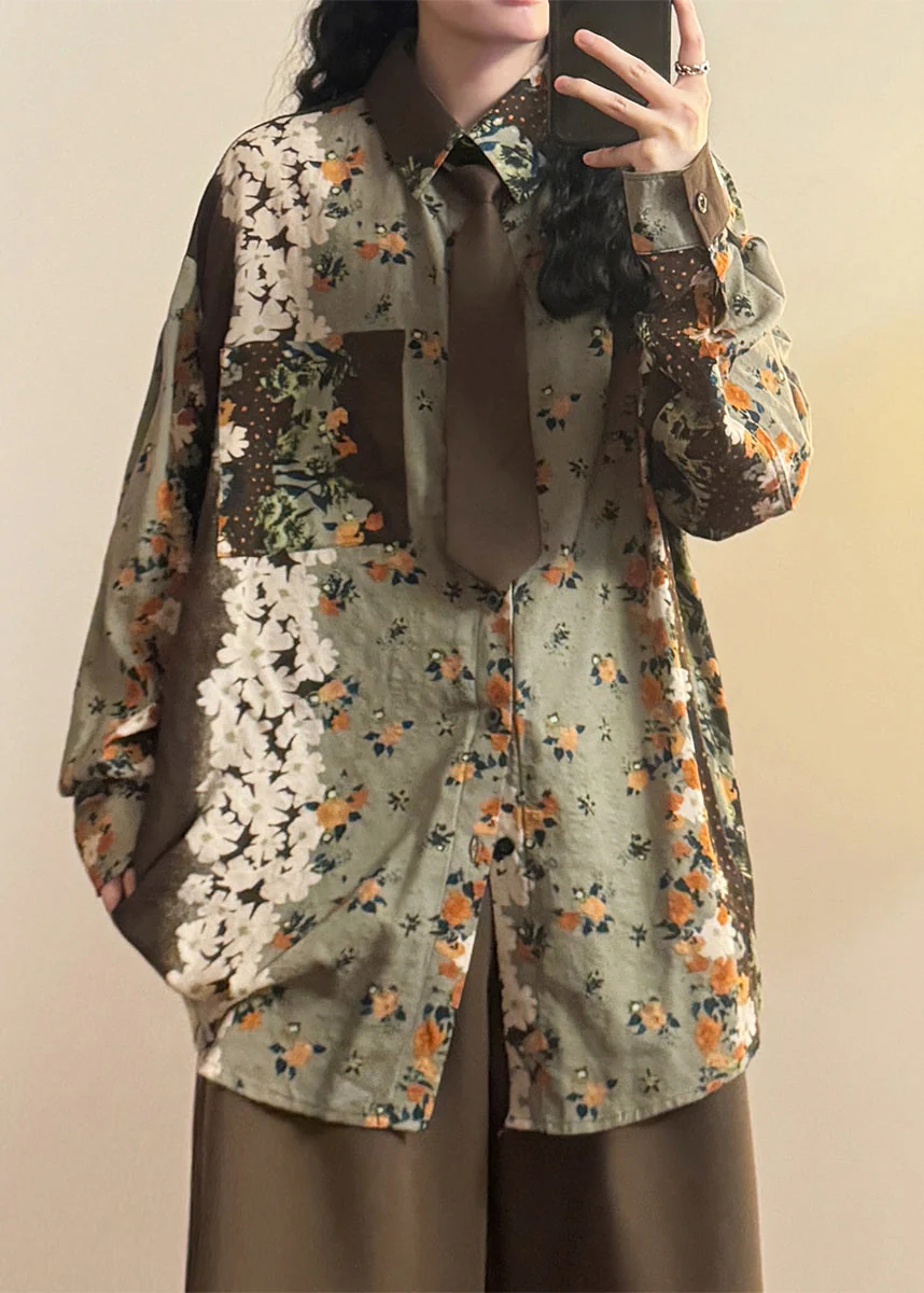 Chic Green Print Button Pockets Cotton Blouses Spring - Image 3