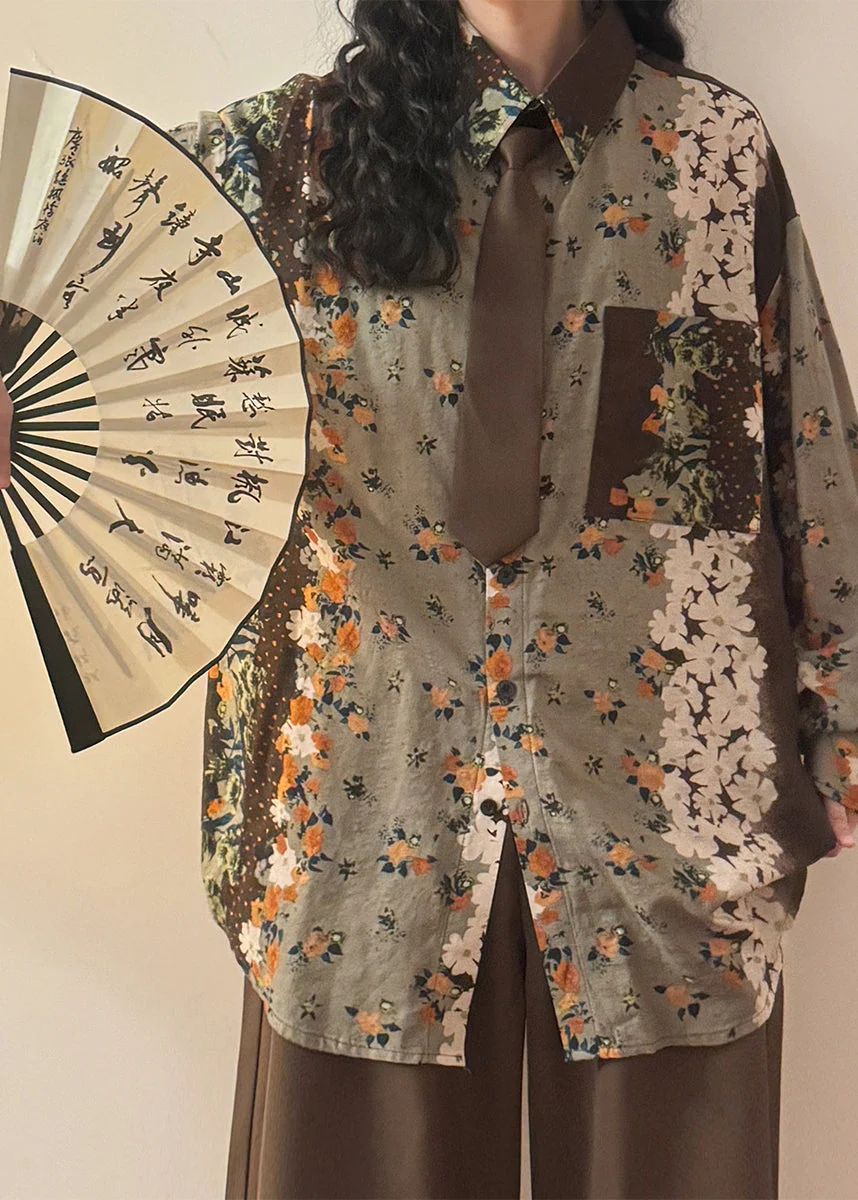 Chic Green Print Button Pockets Cotton Blouses Spring - Image 4