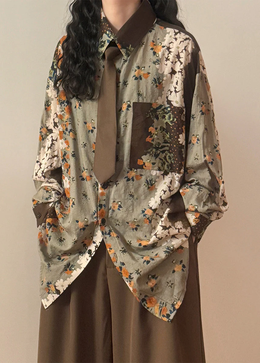 Chic Green Print Button Pockets Cotton Blouses Spring - Image 5