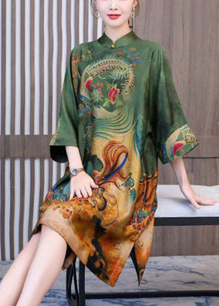 Chic Green Print Chinese Style Silk A Line Dresses Spring - Image 2