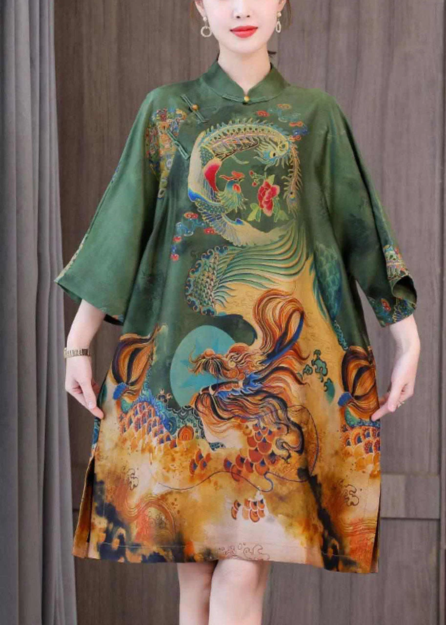 Chic Green Print Chinese Style Silk A Line Dresses Spring - Image 3