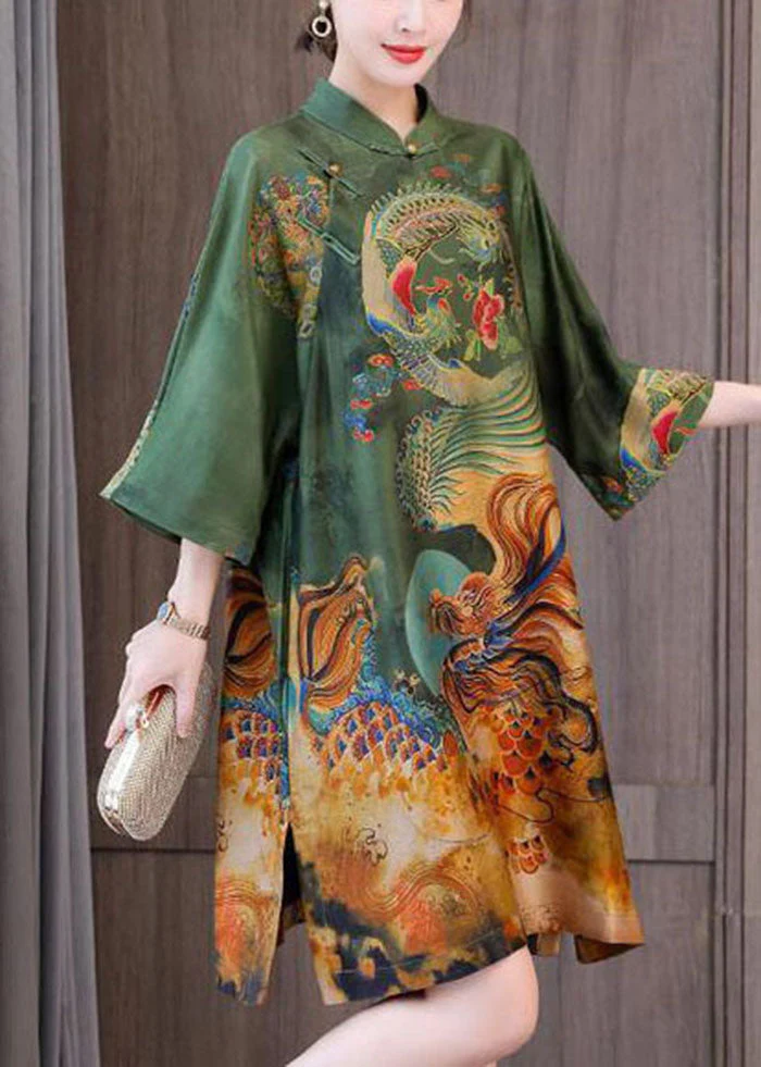 Chic Green Print Chinese Style Silk A Line Dresses Spring - Image 4