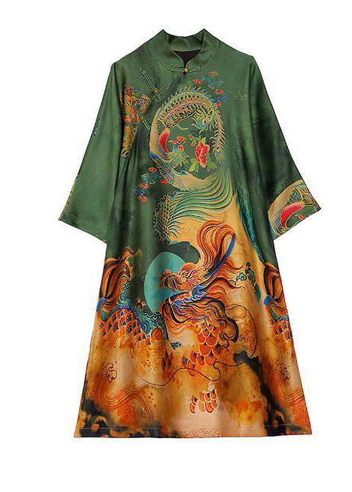Chic Green Print Chinese Style Silk A Line Dresses Spring - Image 5