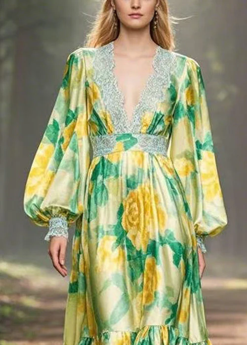 Chic Green Print High Waist Silk Maxi Dress V Neck Spring - Image 2