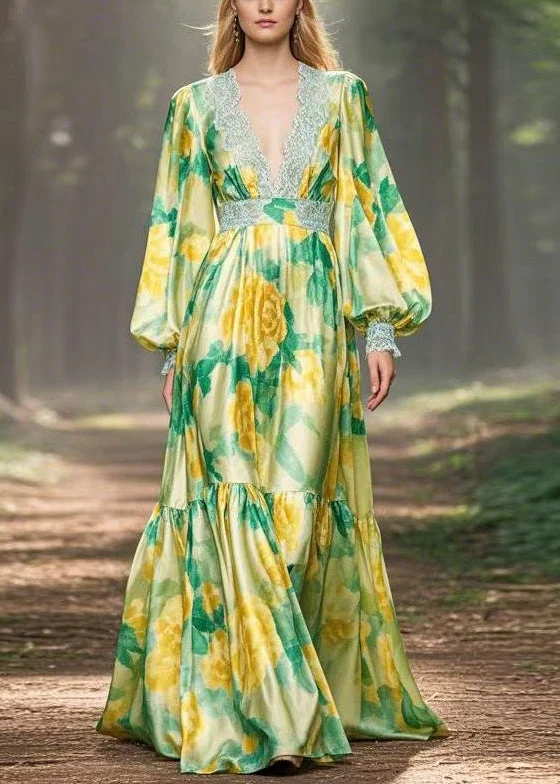 Chic Green Print High Waist Silk Maxi Dress V Neck Spring - Image 3
