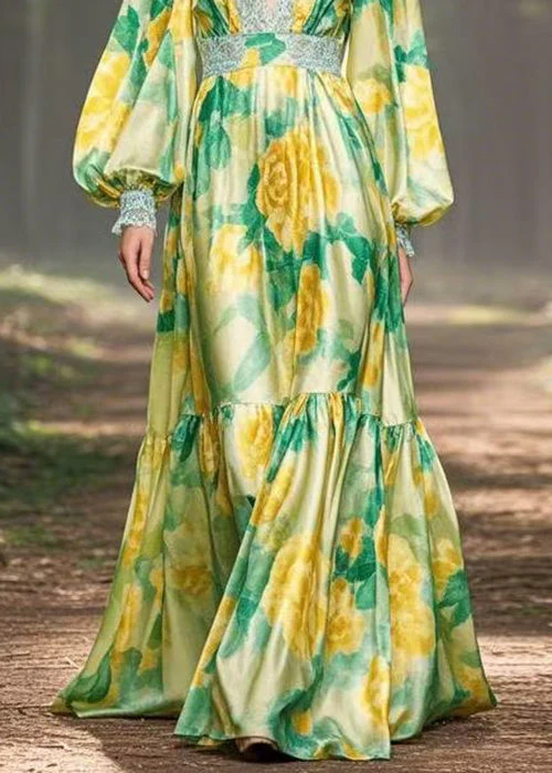 Chic Green Print High Waist Silk Maxi Dress V Neck Spring - Image 4