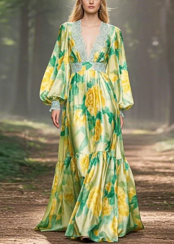 Chic Green Print High Waist Silk Maxi Dress V Neck Spring - Image 5