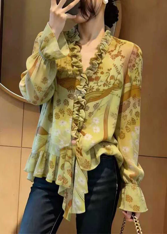 Chic Green Ruffled Print Chiffon Blouse Top Spring - Image 2
