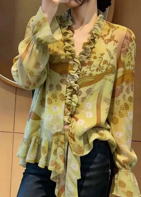 Chic Green Ruffled Print Chiffon Blouse Top Spring - Image 3