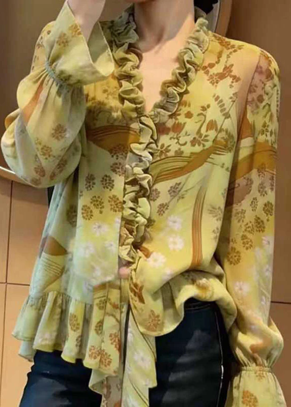 Chic Green Ruffled Print Chiffon Blouse Top Spring - Image 4