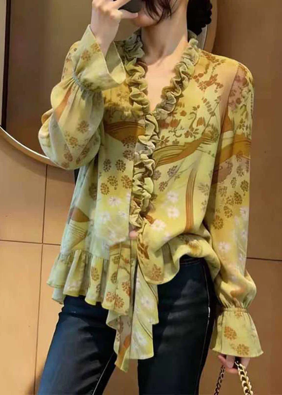 Chic Green Ruffled Print Chiffon Blouse Top Spring - Image 5