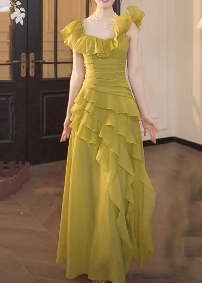 Chic Green Square Collar Ruffled Patchwork Chiffon Dress Summer