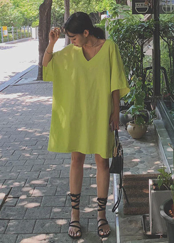 Chic Green V Neck Linen Mid Dresses Half Sleeve - Image 2