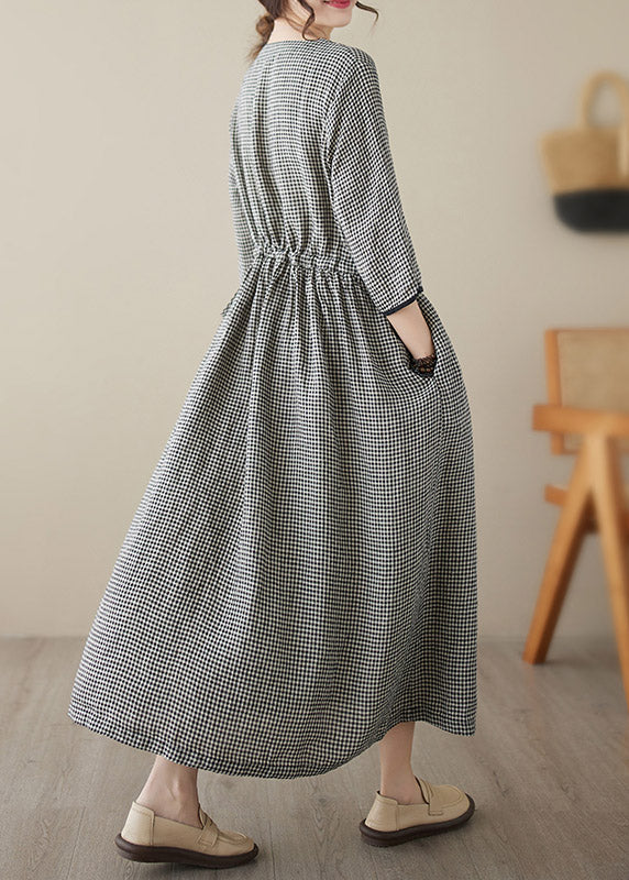 Chic Green V Neck Plaid Patchwork Button Linen Maxi Dresses Summer - Image 10