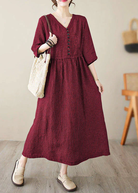 Chic Green V Neck Plaid Patchwork Button Linen Maxi Dresses Summer - Image 8