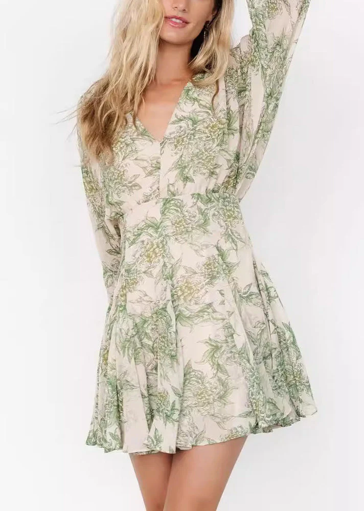 Chic Green V Neck Print Chiffon Mid Dress Long Sleeve - Image 2