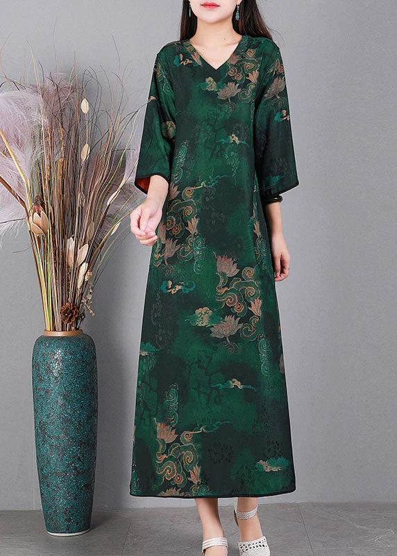 Chic Green V Neck Print Wear On Both Sides Silk Long Dresses Bracelet Sleeve