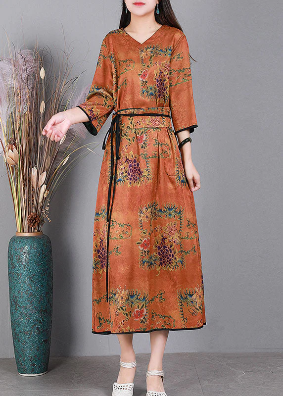 Chic Green V Neck Print Wear On Both Sides Silk Long Dresses Bracelet Sleeve - Image 2