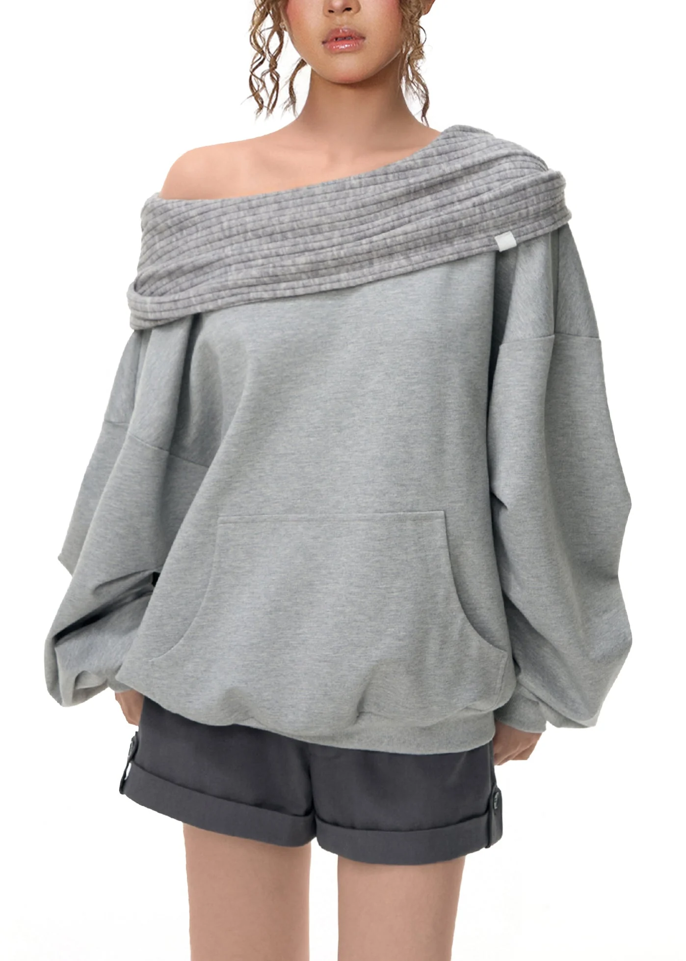 Chic Grey Cold Shoulder Patchwork Cotton Sweatshirt Fall - Image 3
