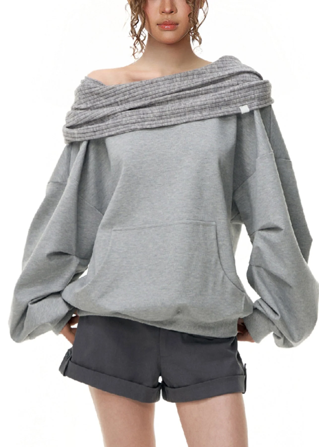 Chic Grey Cold Shoulder Patchwork Cotton Sweatshirt Fall - Image 4