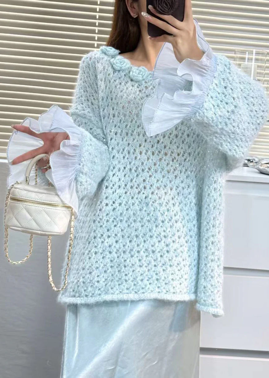 Chic Grey Flower Patchwork Tulle Sweater Tops Flare Sleeve - Image 3