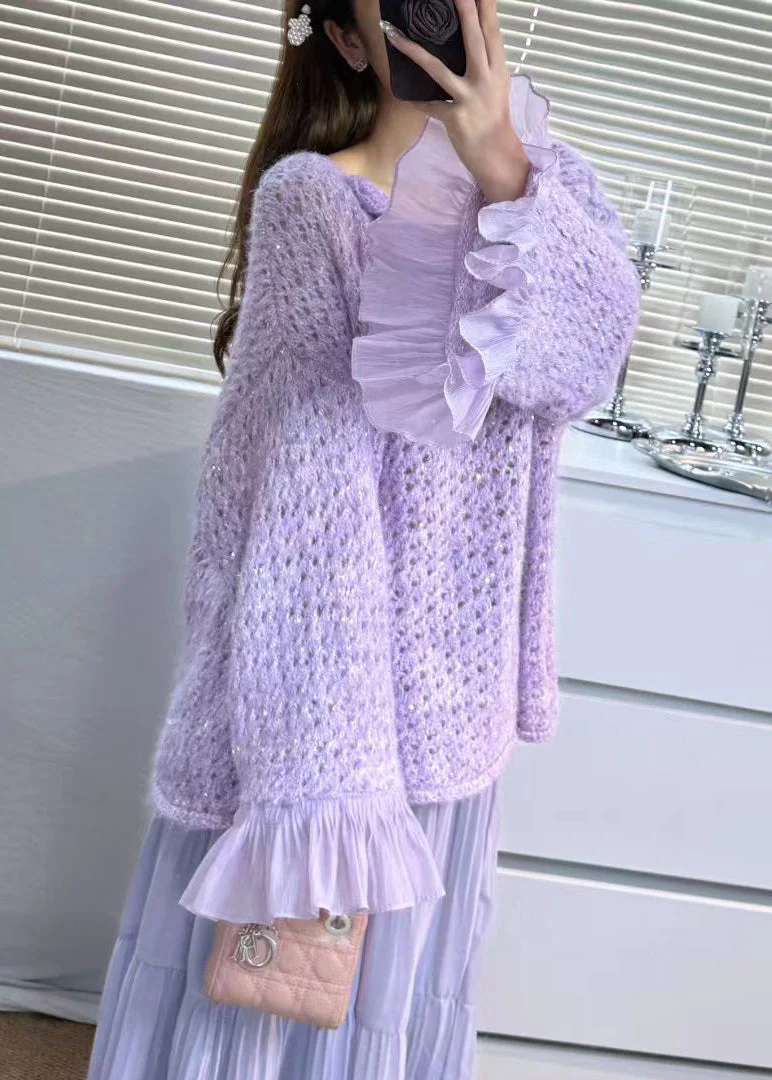 Chic Grey Flower Patchwork Tulle Sweater Tops Flare Sleeve - Image 4