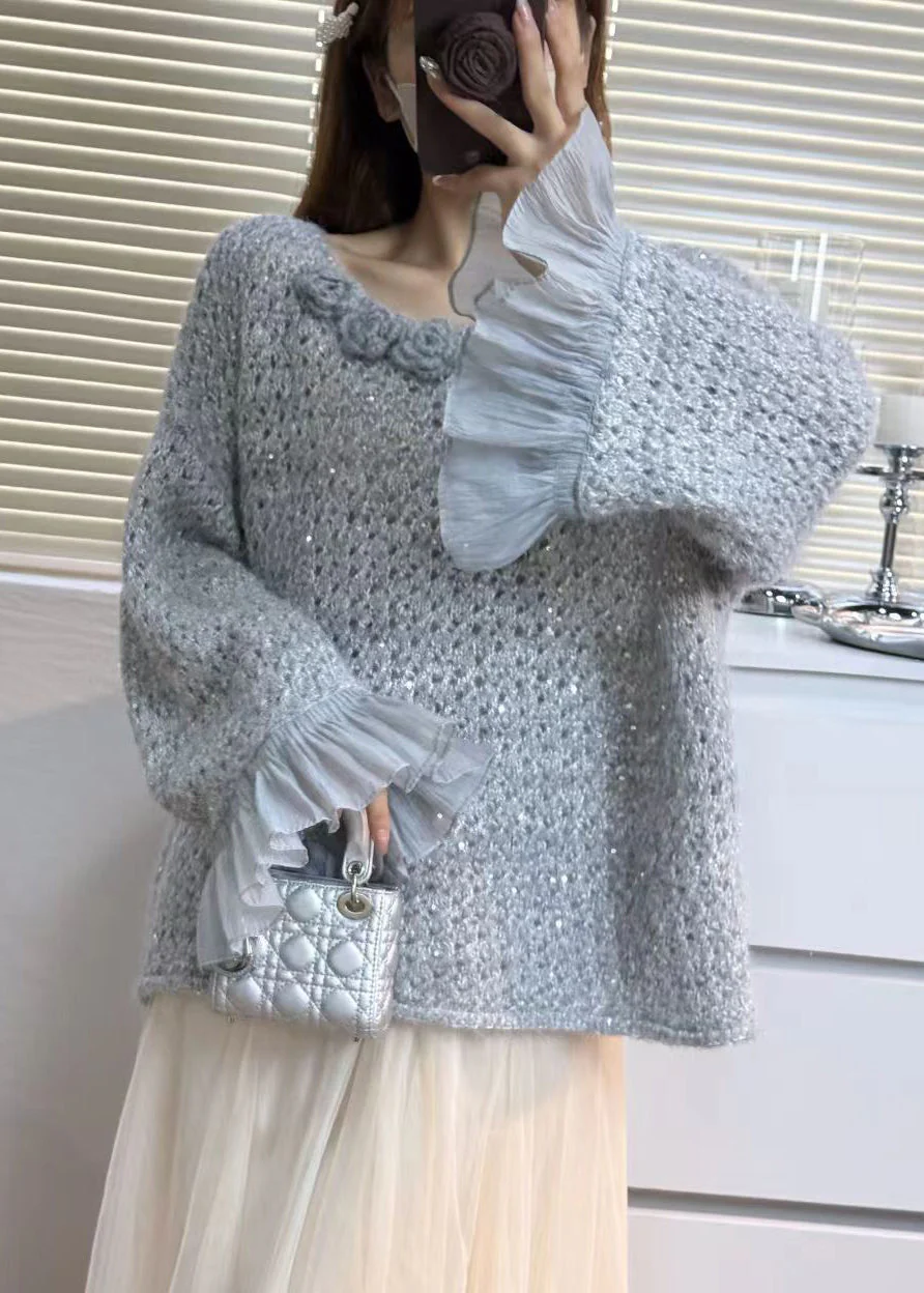 Chic Grey Flower Patchwork Tulle Sweater Tops Flare Sleeve - Image 5