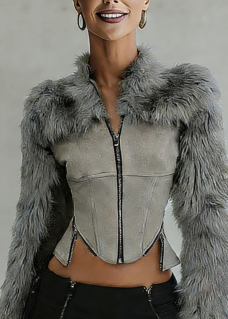 Chic Grey Fur Collar Zippered Faux Suede Patchwork Coats Spring - Image 2