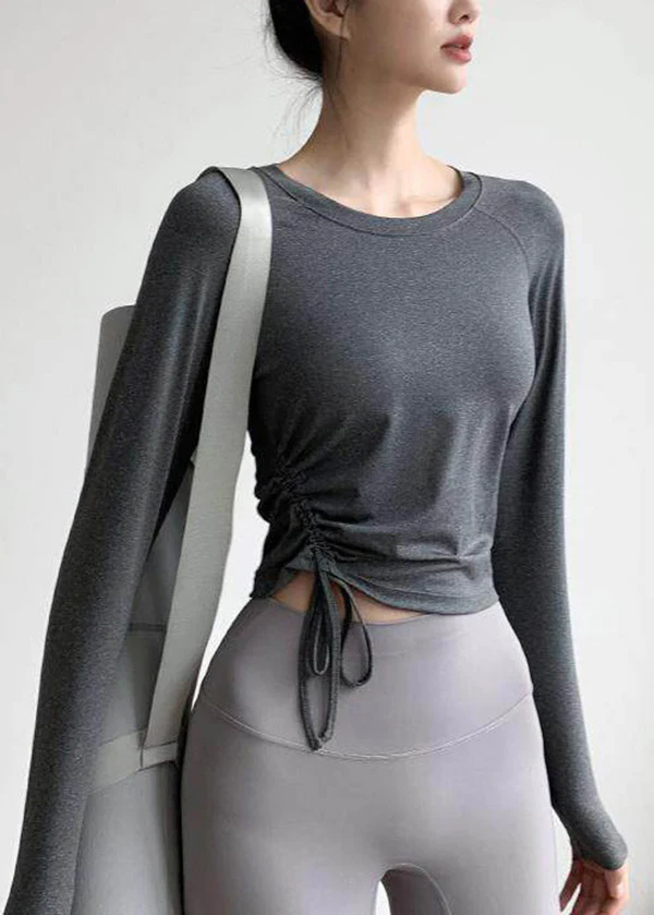 Chic Grey O Neck Drawstring Long Sleeve Yoga Top