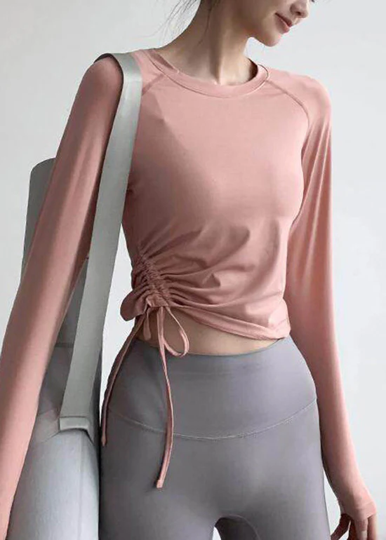 Chic Grey O Neck Drawstring Long Sleeve Yoga Top - Image 2