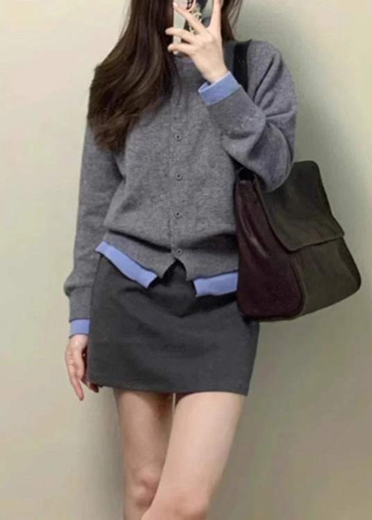 Chic Grey O Neck False Two Pieces Knit Cardigan Spring - Image 4