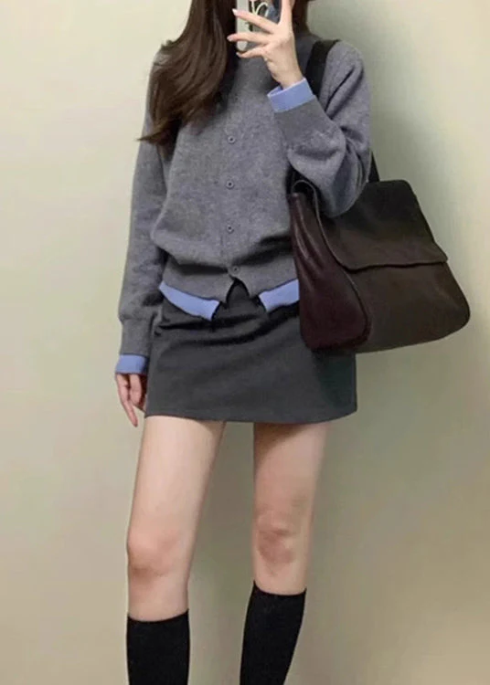 Chic Grey O Neck False Two Pieces Knit Cardigan Spring - Image 5