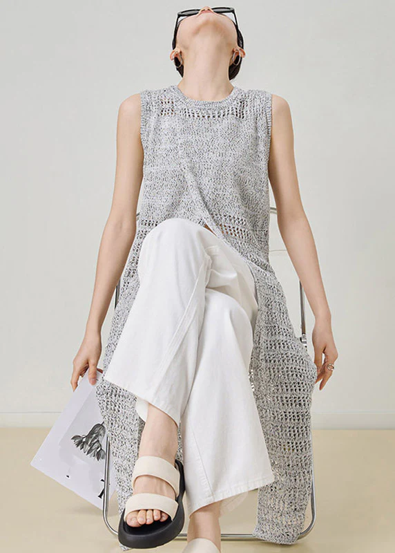 Chic Grey O-Neck Hollow Out Long Knit Cardigans Sleeveless - Image 3