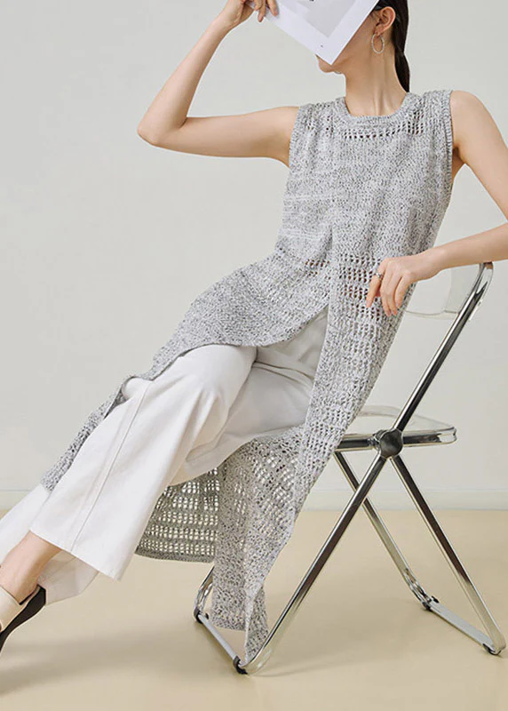 Chic Grey O-Neck Hollow Out Long Knit Cardigans Sleeveless - Image 4
