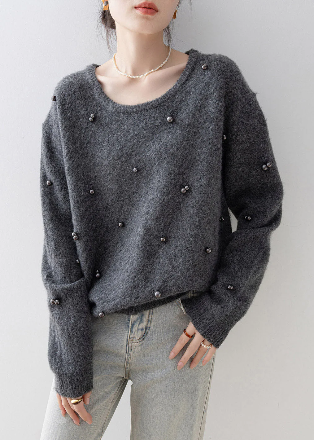 Chic Grey O Neck Nail Bead Knit Sweater Spring - Image 4