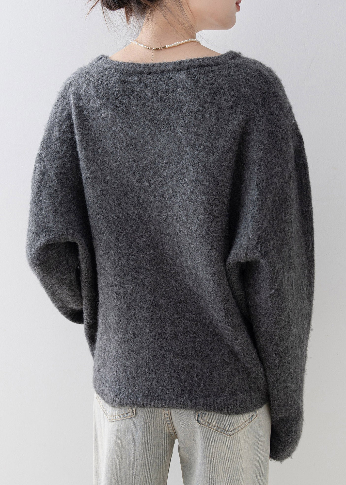 Chic Grey O Neck Nail Bead Knit Sweater Spring - Image 5