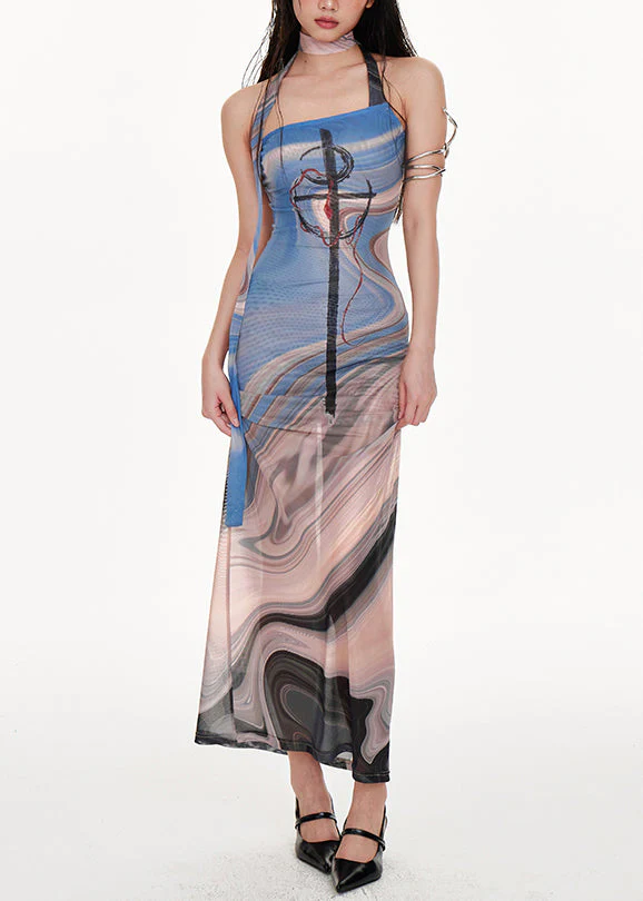 Chic Grey One Shoulder Patchwork Tulle Dress Sleeveless - Image 2