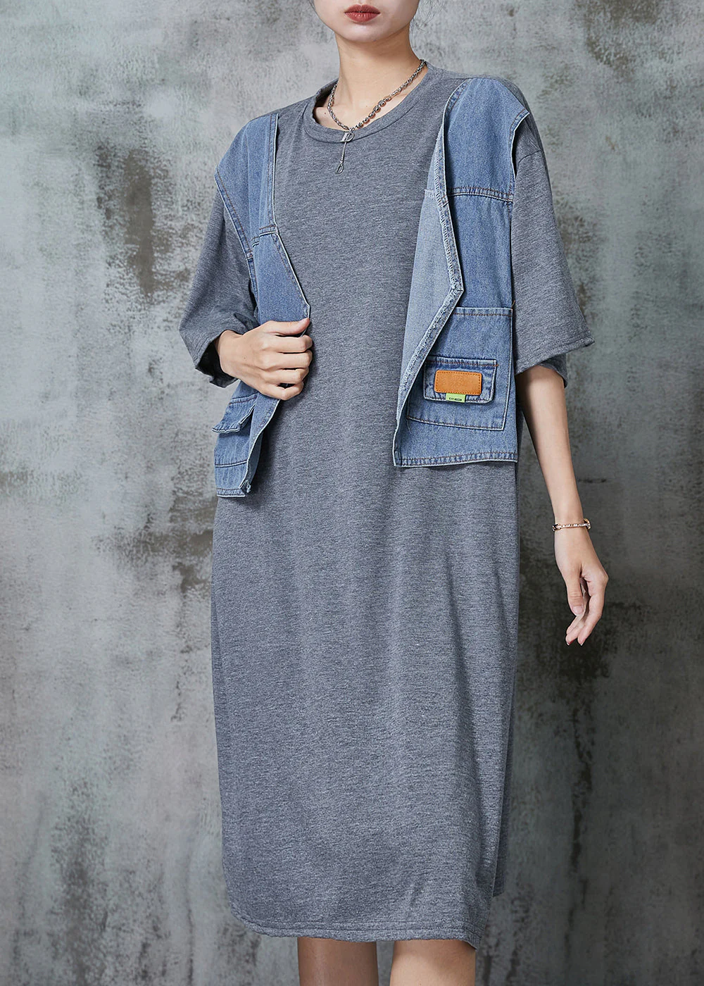 Chic Grey Oversized Patchwork Cotton Robe Dresses Summer - Image 2