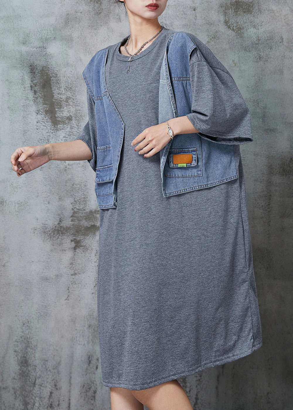 Chic Grey Oversized Patchwork Cotton Robe Dresses Summer - Image 3