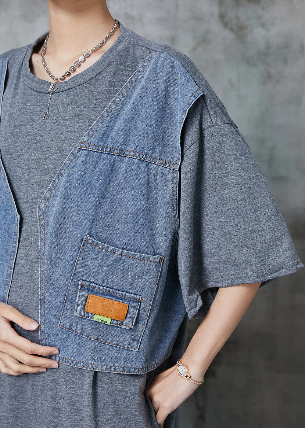 Chic Grey Oversized Patchwork Cotton Robe Dresses Summer - Image 5