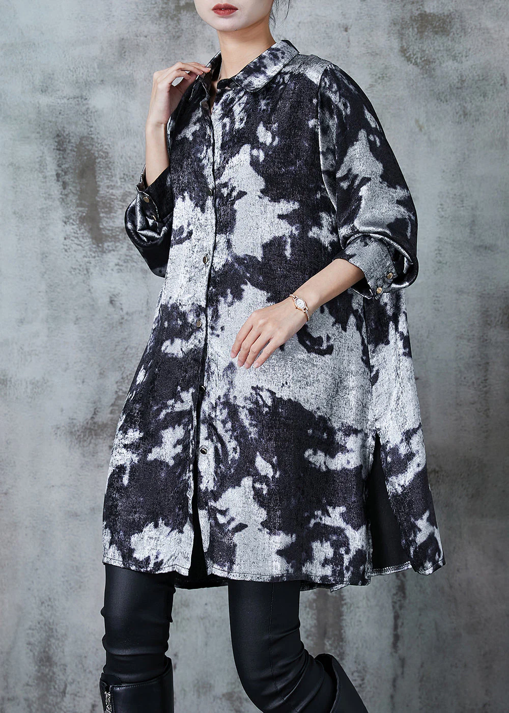 Chic Grey Oversized Tie Dye Silk Printing Shirt Dress Fall - Image 2