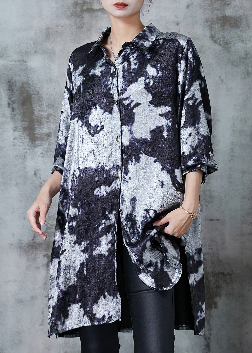 Chic Grey Oversized Tie Dye Silk Printing Shirt Dress Fall - Image 3
