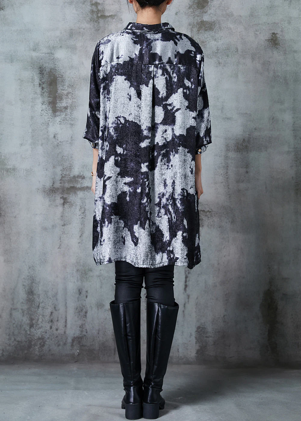 Chic Grey Oversized Tie Dye Silk Printing Shirt Dress Fall - Image 4